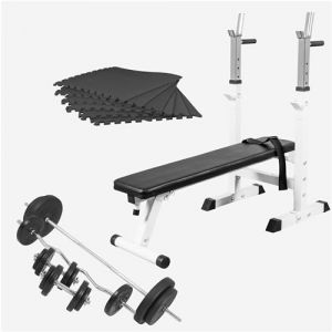 Gorilla Sports Set complet d'haltères 100 kg avec banc de musculation et tapis de protection du sol Blanc