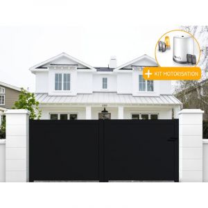 Packit Portail aluminium coulissant plein en kit + Motorisation dimension L.4000 (entre piliers) x H.1500 mm Couleurs Noir (ral 9005) Expédition gratuite en