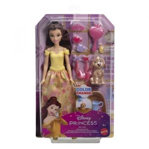 Mattel Disney Coffret Princesse Belle et son chien à toiletter avec taches qui changent de couleur, baignoire, brosse et accessoires pour cheveux, inspiré du film La Belle et la Bête, JFC42