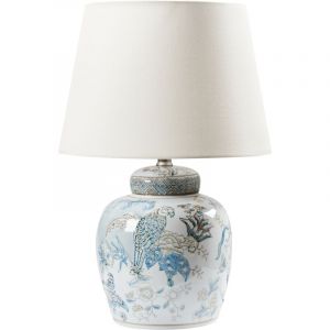 Beliani Lampe à Poser Base en Porcelaine avec Motif Abat-Jour en Lin en Forme de Tambour Bleu et Blanc Jamapa