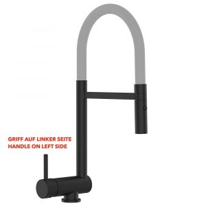 Robinet De Cuisine Mitigeur Noir Mat Rabattable Sous Fenêtre 60mm - Poignée À Gauche - Bec Gris Orientable Et Douchette 2 Jets Détachable Vizio