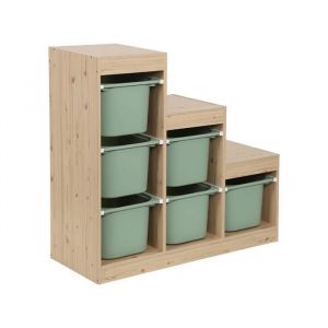 Meuble de rangement enfant escalier 6 bacs de rangement d&eacute;cor bois naturel et vert de gris - Sora