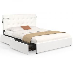 Idmarket Lit double mael 140 x 190 cm avec tête de lit capitonnée pvc blanc liseuses intégrées et sommier et 2 tiroirs sur roulettes