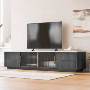 Meuble TV 160 cm pour TV 70 pouces, MDF, plateau effet marbre, 2 portes vitr&eacute;es, 4 tiroirs, gris