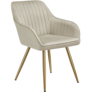 TecTake Chaise de salle &agrave; manger aspect velours matelass&eacute; cr&egrave;me/or