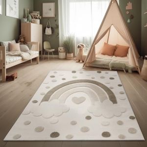 Paco Home Tapis pour Enfants Tapis de Jeu Moderne Chambre d'enfant Effet 3D Tons naturels Velours Doux Robuste & Facile d'entretien Motif Arc-en-Ciel Crème Sable, Dimension:160x220 cm