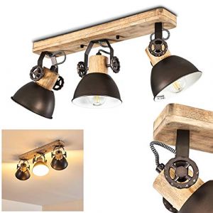 Image de Hofstein Plafonnier Orny en bois véritable et métal anthracite et blanc, luminaire de plafond à 3 spots orientables pour ampoules E27 max. 60 Watt, compatible ampoule LEDs