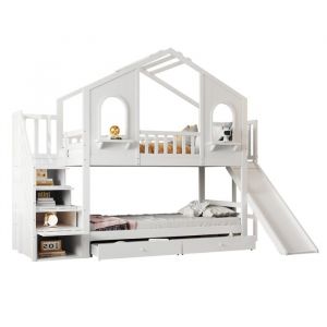 Lit superpos&eacute; enfant 90x200 cabane avec toboggan, &eacute;chelle rangement, tiroirs, blanc
