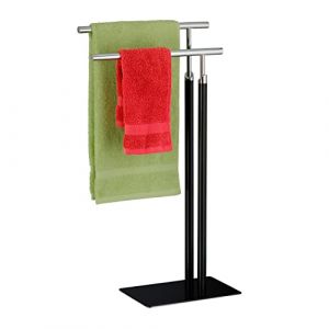 Relaxdays Porte-Serviettes autoportant, 2 Barres, s&egrave;che-Serviettes Salle de Bain, Acier, HLP : 78x44x20 cm, Noir/argent&eacute;