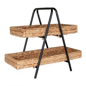 Petite Etag&egrave;re &agrave; Poser 2 Plateaux Tress&eacute;s en Jacinthe Support en M&eacute;tal Noir - MAORI - ALTOBUY