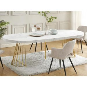 Table à manger extensible 2 à 12 personnes en MDF et acier - Effet marbre blanc et doré - FIRELA