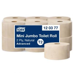 Tork Papier toilette recyclé Mini Jumbo T2 double épaisseur 170 m - 850 feuilles gaufrées Naturel - 120377 - Lot de 12 rouleaux