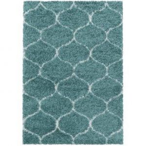 SALMA - Tapis &agrave; poils longs et motifs Alhambra - Turquoise et Blanc 080 x 150 cm