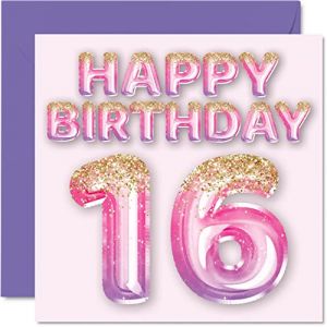 16th Birthday Card for Girls - Pink & Purple Glitter Balloons - Happy Birthday Cards for 16 Year Old Girl Daughter Sister Granddaughter Cousin, 145mm x 145mm Sixteen Sixteenth Bday Greeting Cards Gift