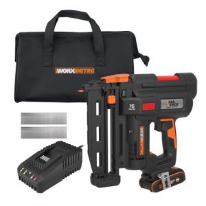 Worx Cloueur de Finition Sans Fil 20V WX841, chargeur 100 pi&egrave;ces, clous jusqu&rsquo;&agrave; 64 mm, 16Ga, 2 Modes de Tir, D&eacute;blocage Sans Outil, R&eacute;glable, livr&eacute; 1 batterie 2Ah, chargeur rapide et 200 Clous