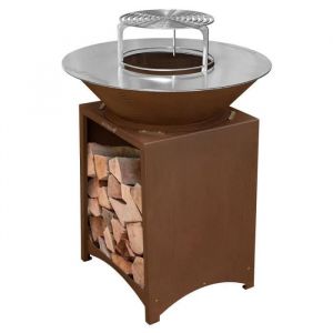 Monmobilierdesign FIESTA Brasero haut acier corten avec plaque et grille amovible inox barbecue plancha extérieur Ø 75 cm