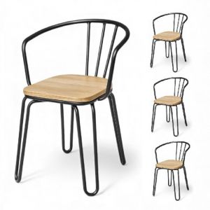 Lot de 4 chaises en m&eacute;tal noir mat, bois clair &ndash; pieds &eacute;pingle et dossier ajour&eacute; - Style industriel