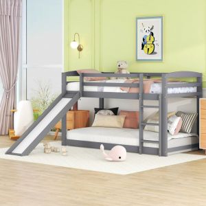 Lit superposé pour enfants et adolescents, lit enfant avec toboggan, structure en bois massif, montage facile, 90x200cm, gris Okwish Gris