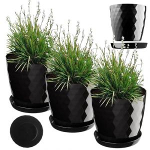 Image de Pot de Fleurs en Plastique avec Soucoupe, Pot de Plante pour Une Décoration Florale Moderne dans l'espace Interieur (Lot de 3 : Noir, 16 cm) - Kadax
