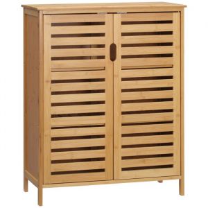 Meuble salle de bain bois bambou 2 portes 2 &eacute;tag&egrave;res dim. 60 x 30 x 120 cm naturel