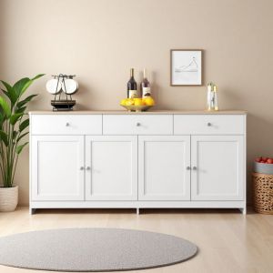 Buffet - Buffet 4 Portes 3 Tiroirs - Blanc et plateau ch&ecirc;ne - 160x75x37 cm - Rustique moderne