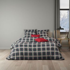 Terre de Nuit Parure de lit 140x200 flanelle &agrave; carreaux vert No&euml;l