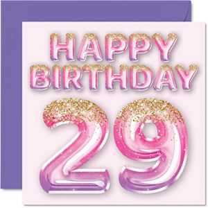 Carte d'anniversaire 29 ans pour femme – Ballons à paillettes roses et violets – Cartes d'anniversaire pour femme de 29 ans, fille, sœur, tante, cousine, 145 mm x 145 mm, cartes de vœux de vingt-neuf