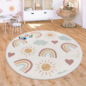 Paco Home Tapis Chambre Enfant Bebe Fille Garcon Antid&eacute;rapant Arc-en-Ciel Motif Animal Pois, Dimension:120 cm Rond, Couleur:Multicolore 2