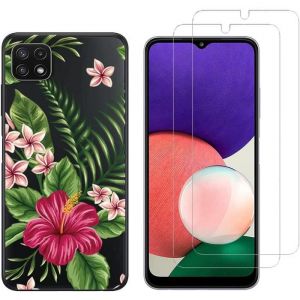 Novago Compatible avec Samsung Galaxy A22 5G -Pack Complet- Coque Résistante Transparente avec Motif imprimé+ 2 Films Protection écran Verre trempé