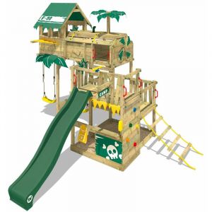 Image de Wickey Aire de jeux Portique bois Smart Castaway avec balançoire et toboggan vert Cabane enfant exterieur avec bac à sable