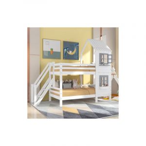 Lit superposé cabane 90x200 pour enfant avec protection antichute, cadre en pin, blanc