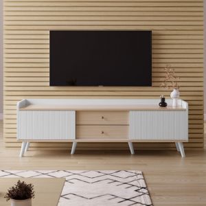 Modernluxe - Meuble tv 160 cm avec deux tiroirs, deux portes coulissantes pour salon,texture exquise, blanc et naturel.