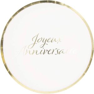 Ruedelafete Sachet de 8 Assiettes Joyeux Anniversaire, blanc et or