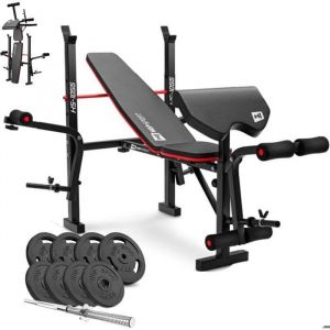 Hop-Sport Banc de Musculation Pliable HS-1055 avec Pupitre de Curl, Papillon, Presse &agrave; jambes et Set d'halt&egrave;res de 39 kg en fonte, disques de 31 mm et barre longue