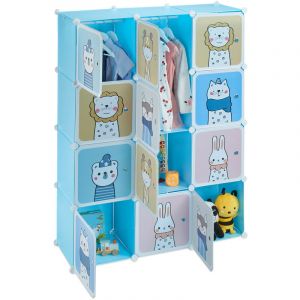 Image de Relaxdays Armoire chambre d'enfant, modulable, 2 tringle à vêtements, DIY, étagère animaux, HLP 145x110x37 cm, bleu