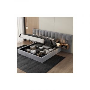 Image de Lit coffre Lit adulte capitonn&eacute; 160 x 200 cm avec lampe de chevet, sommier &agrave; lattes en bois, velours, gris et marron, sans fond