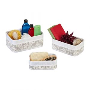 Image de Relaxdays Panier de rangement bambou et tissu, lot de 3, corbeilles salle de bain, 3 tailles différentes, blanc/gris