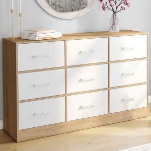 Idmarket Commode 9 tiroirs en tissu UPPAH 113 cm meuble de rangement bois façon hêtre et blanc