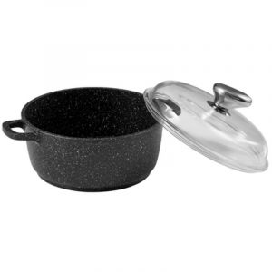 Pradel Excellence - PCUI001012 - Faitout &Oslash;28 cm avec Couvercle Verre - Gamme Premium - Fonte d'Aluminium - Rev&ecirc;tement Antiadh&eacute;sif Fa&ccedil;on Pierre - Prot&egrave;ges Poign&eacute;es Amovibles - Tous Feux Induction