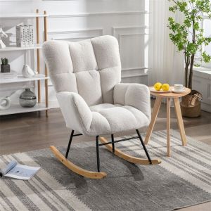 Fauteuil à bascule scandinave, Rocking chair en tissu touffeté et rembourré pour le salon et la chambre à coucher, blanc