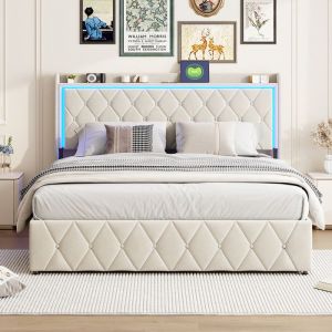 Lit coffre 160 x 200 avec sommier,lit 2 personnes avec led et ports USB,lit 160x200 avec sommier à lattes bois,lit adulte,lit double tapissé en