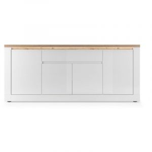 Buffet SASHA &ndash; 4 portes + 1 tiroir avec LED int&eacute;gr&eacute;e &ndash; Blanc laqu&eacute; et Ch&ecirc;ne Cadiz