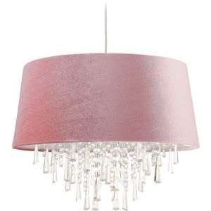 Relaxdays Lampe à suspension, luminaire, abat-jour aspect velours, HxD : 140x45,5 cm, cristaux, E27, salon, rose