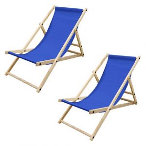 ECD Germany Set 2x Chaise Longue Pliante Bois de Pin, Bleu Foncé 120kg, Dossier Réglable à