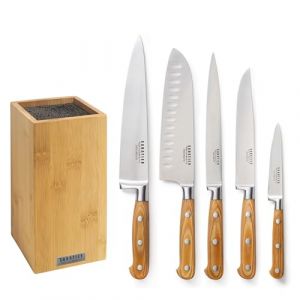 SABATIER TROMPETTE - Bloc 5 couteaux de cuisine - Essentiel - Acier 5Cr15MoV - Finition Satinée - 26 x 15.5 cm - Bois clair