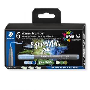 Staedtler PIGMENT ART - Brush 371 - Etui carton 6 feutres - Pointe pinceau Bleus & Verts - Assortis - 371 C6-8