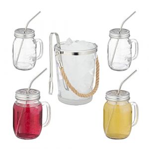 Relaxdays Jarres avec Paille et Couvercle, Set, 4 Verres à Cocktail de 500 ML, Seau à glaçons et Pince, Transparent