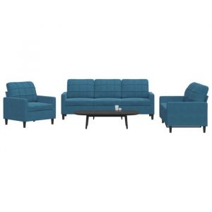 VidaXL Ensemble de canapés 3 pcs avec coussins Bleu Velours, canapé, siège de canapé, canapé relax, canapé confort, chaise de télévision