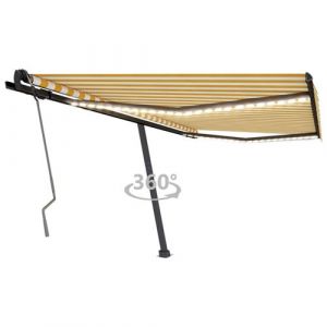 VidaXL Store pliant manuel avec éclairage solaire LED 450x350 cm gris aluminium et polyester blanc et jaune Vida XL