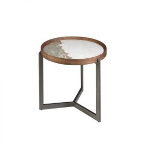 Table basse ronde en marbre porcelaine, noyer et acier métallique foncé Angel Cerdà